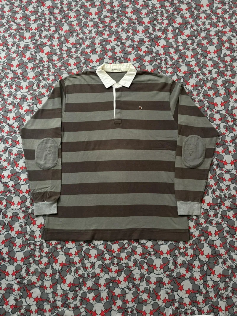 02' Bape Grey Striped Rugby Longsleeve Polo