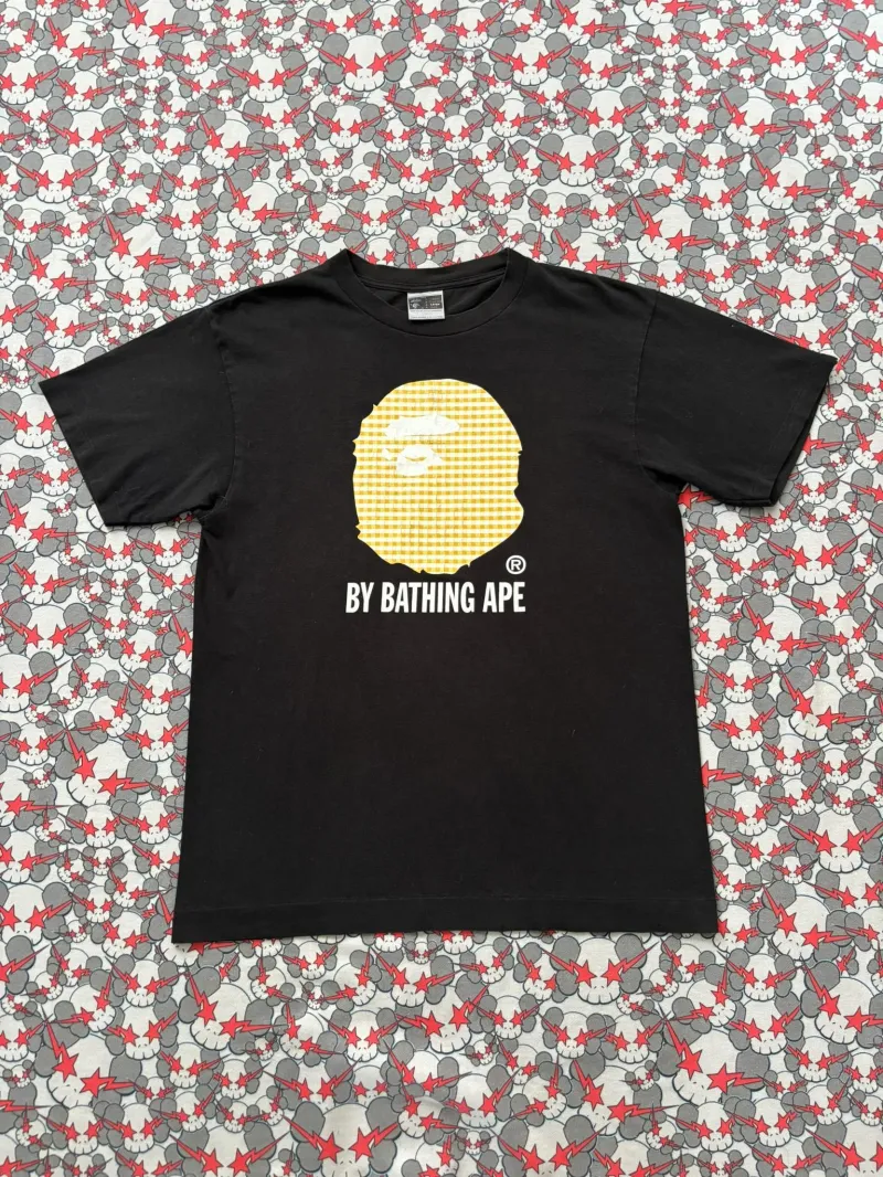 02' Bape Yellow Plaid Apehead Tee