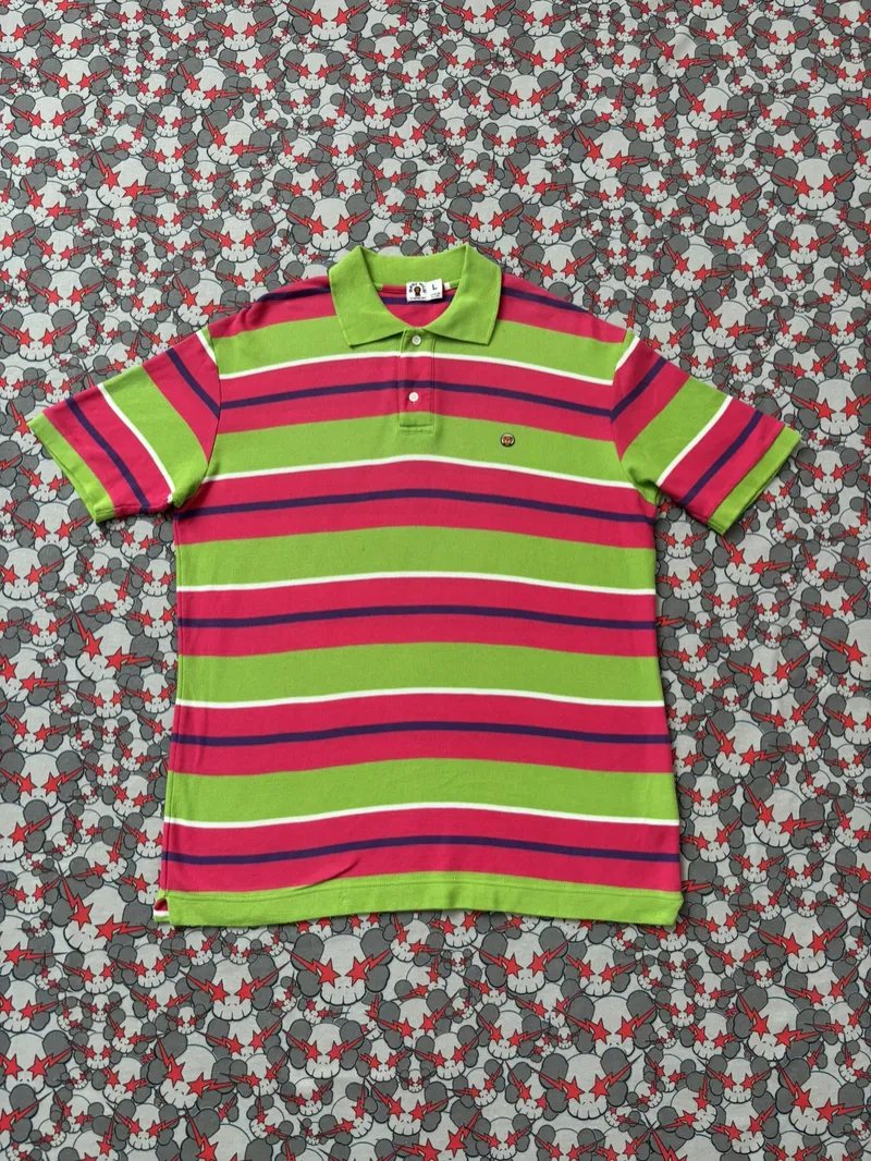 (SZ OG L) 05' Bape Baby Milo Green Striped Polo Shirt