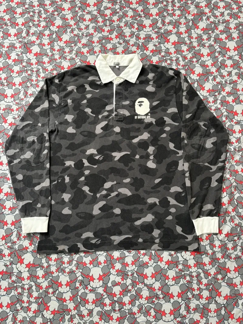 (SZ OG L) 05' Bape Black Camo Longsleeve Rugby Polo Shirt