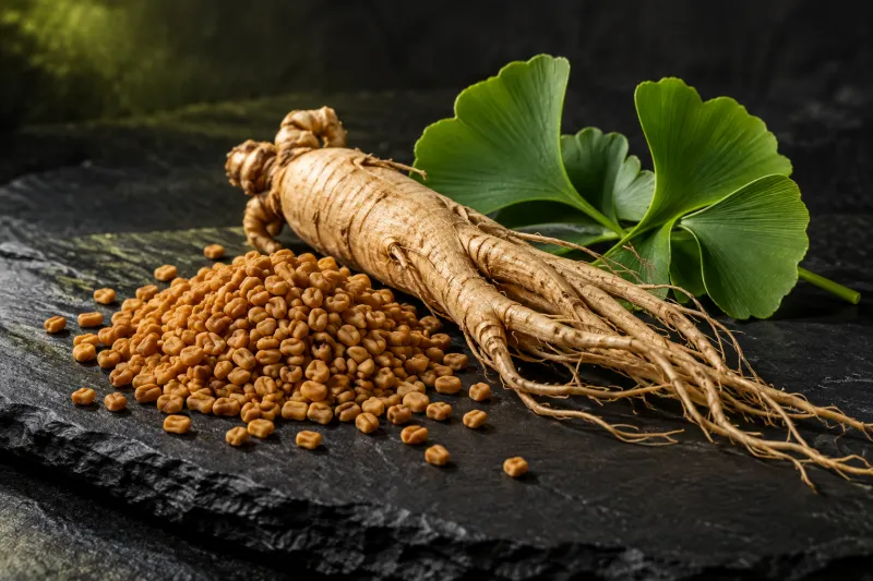 Illustrative fenugreek seeds, ginseng root and ginkgo leaves