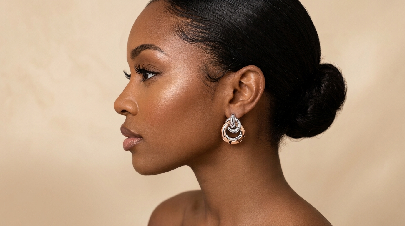 Two-Tone Interlocking Circle Door-Knocker Drop Earrings | Mixed Metal Dangle Earrings (8.6g)