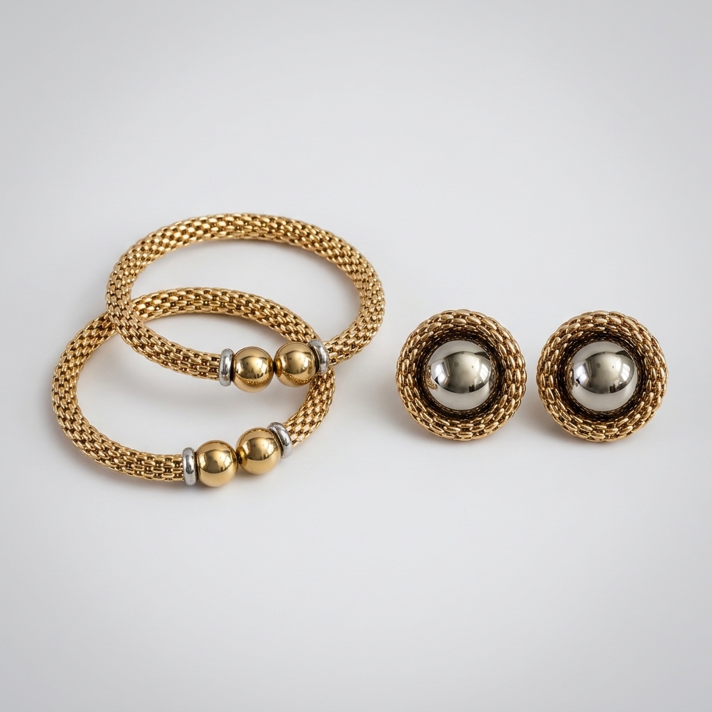 Two-Tone Woven Mesh Bangle & Sphere Clip Earrings Set