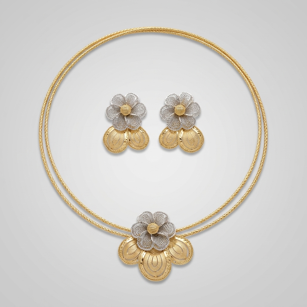 Elegant 18" Floral Two-Tone Gold Necklace & Earrings Set (32.5g)