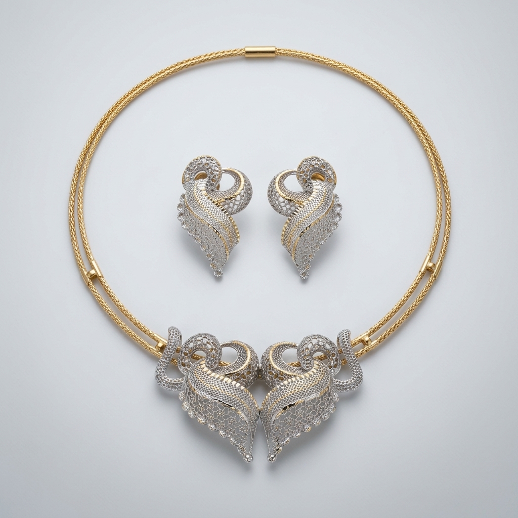 Classy 18K Two-Tone Gold Filigree Necklace & Earrings Set (30g)