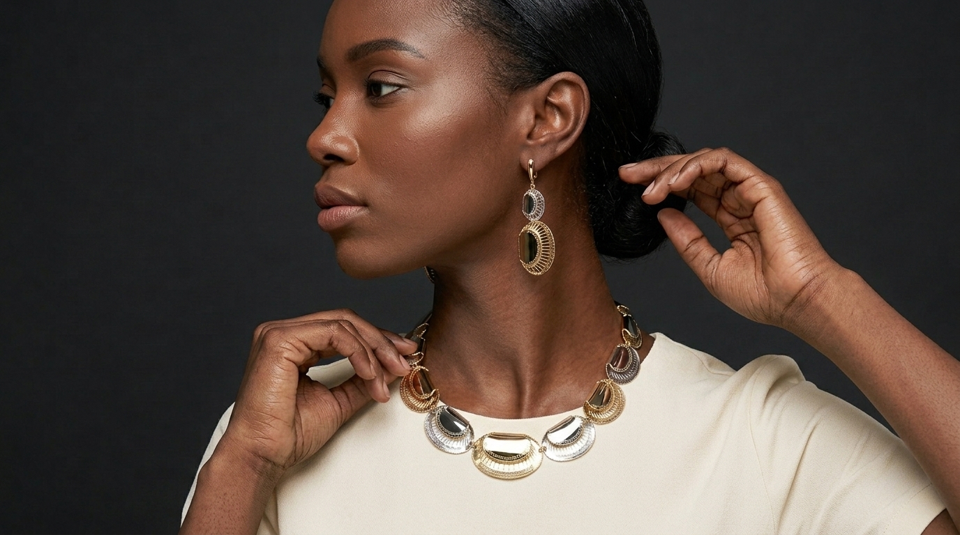Mixed-Metal Scalloped Statement Necklace & Earring Set