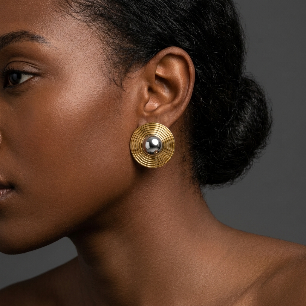 18K Italian Gold Concentric Ribbed Dome Stud Earrings