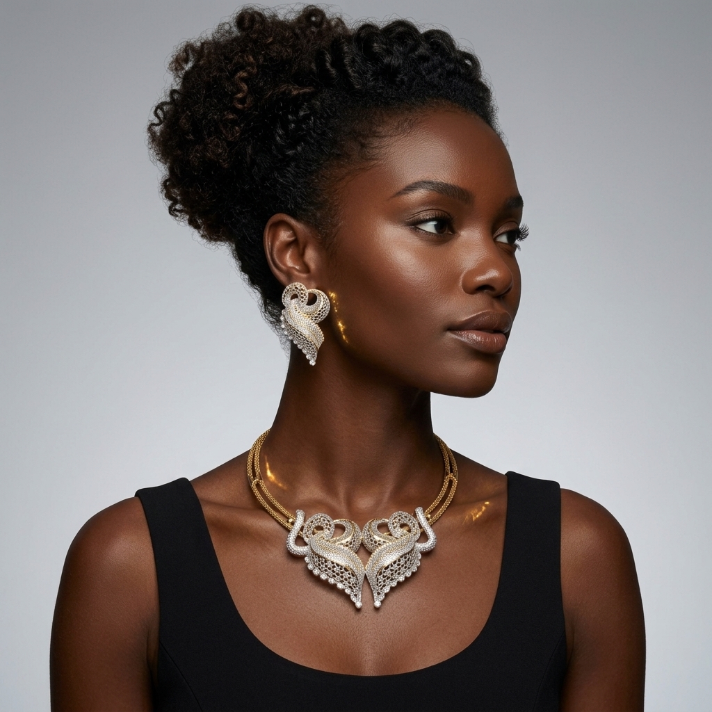 Classy 18K Two-Tone Gold Filigree Necklace & Earrings Set (30g)