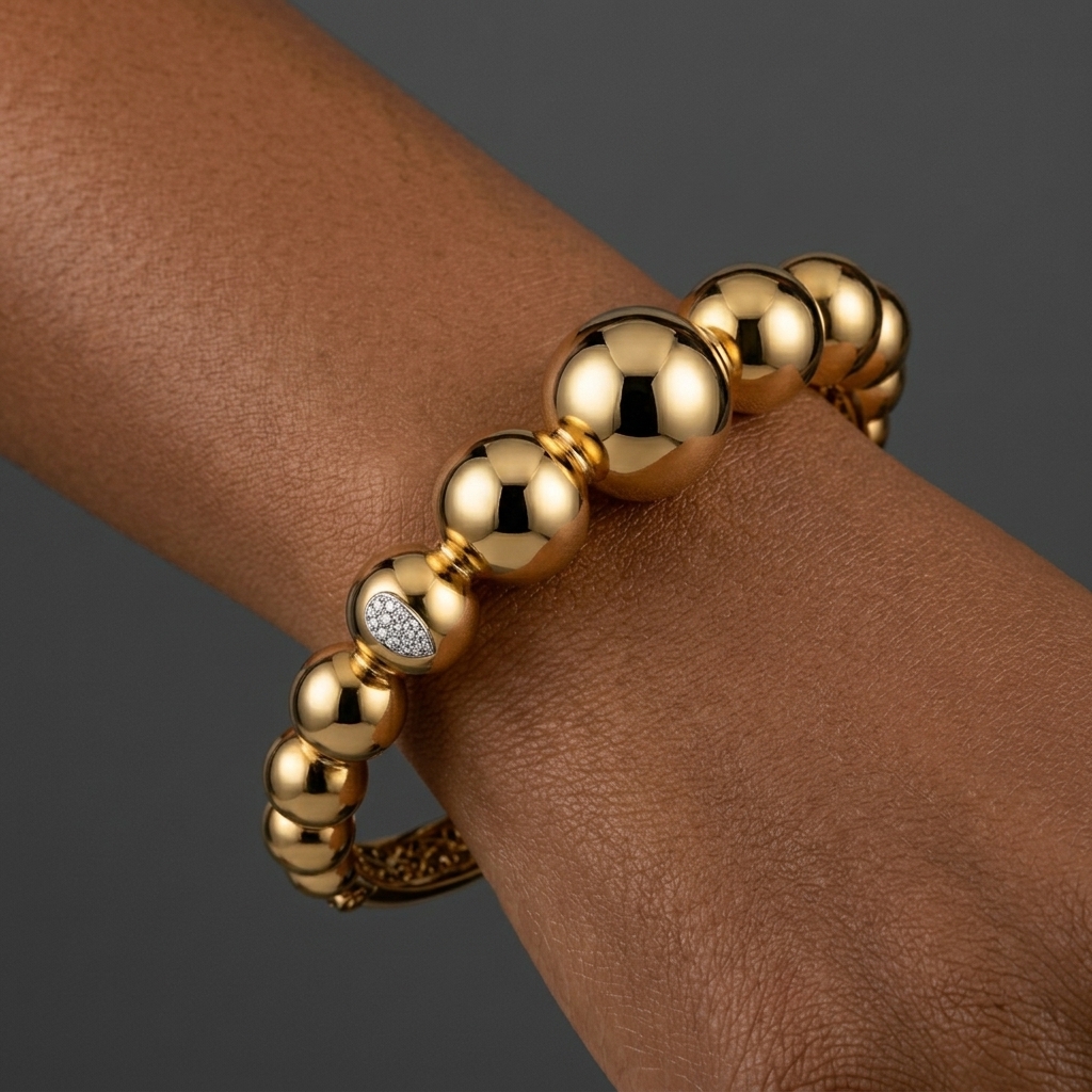 Graduated Gold Sphere Hinged Bangle Bracelet (8.83g)