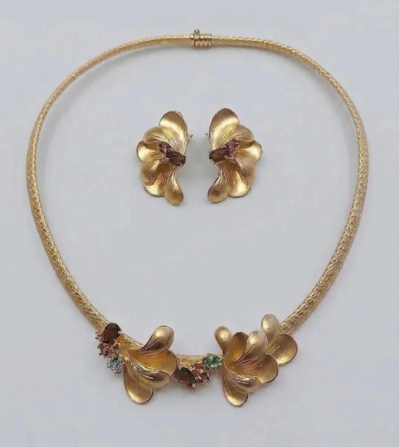 Sculptural Gold Floral Collar Necklace & Earrings Set with Multi-Color Gemstones