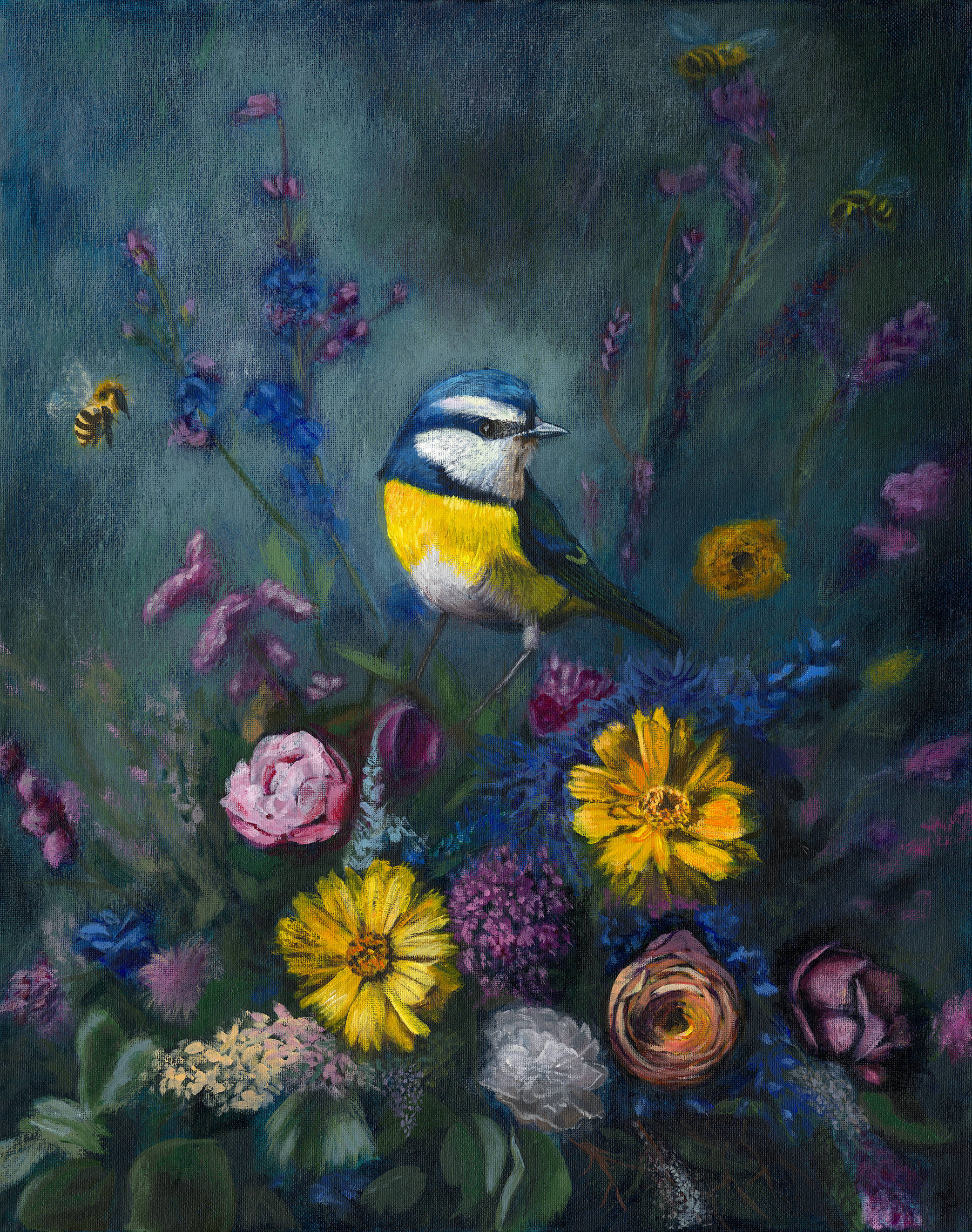 SOLD - 'Eurasian Blue Tit on Floral Bouquet' 16 x 20" Acrylic on Canvas