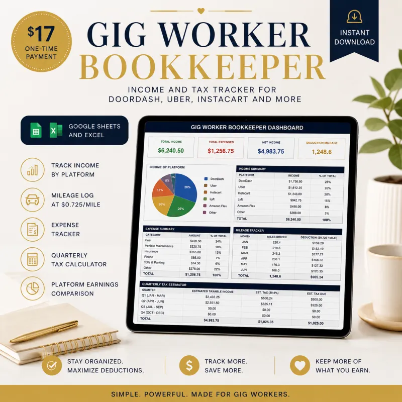 Gig Worker Income & Tax Tracker — Google Sheets / Excel | DoorDash, Uber, Instacart, Lyft & More