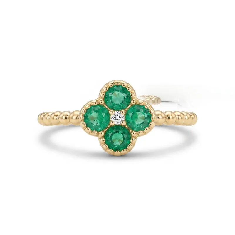 14K Yellow Gold Diamond Emerald flower Ring 