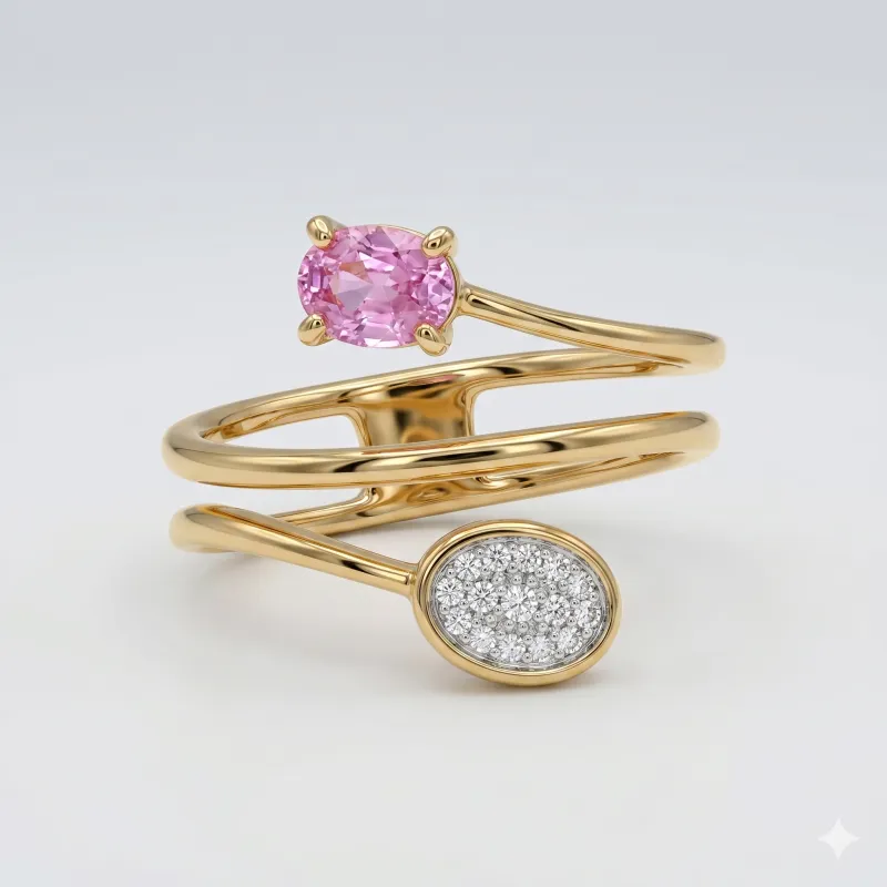 14K Yellow Gold Spiral Dia and Pink Saphire Ring