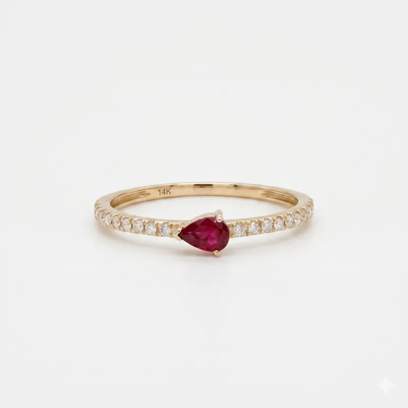14K Yellow Gold Pear Shaped Ruby Diamond Ring 