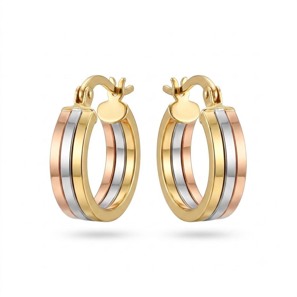 14K Tricolor Gold Huggie Hoops