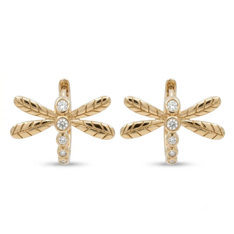 14K Yellow Gold Diamond Dragonfly Hoops