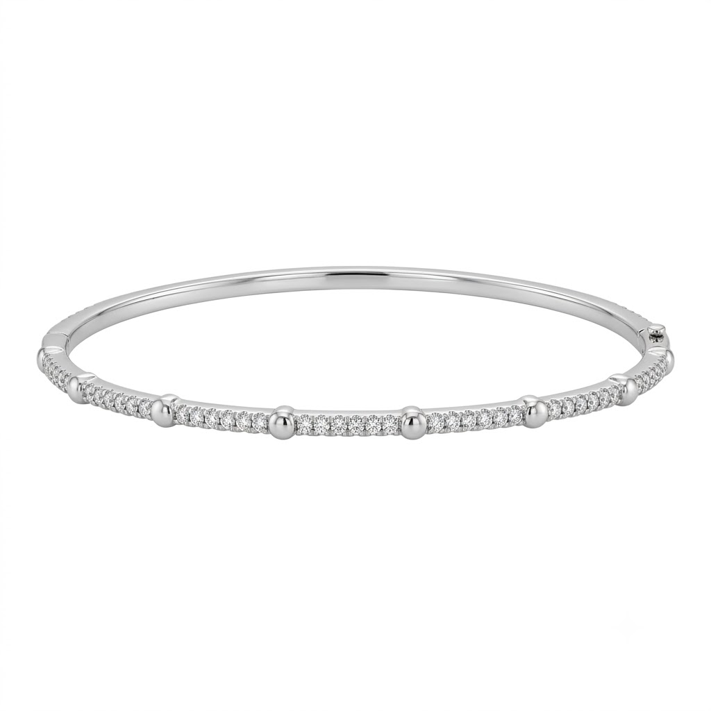 14K White Gold Diamond 7 Station Thin Diamond Bangle 
