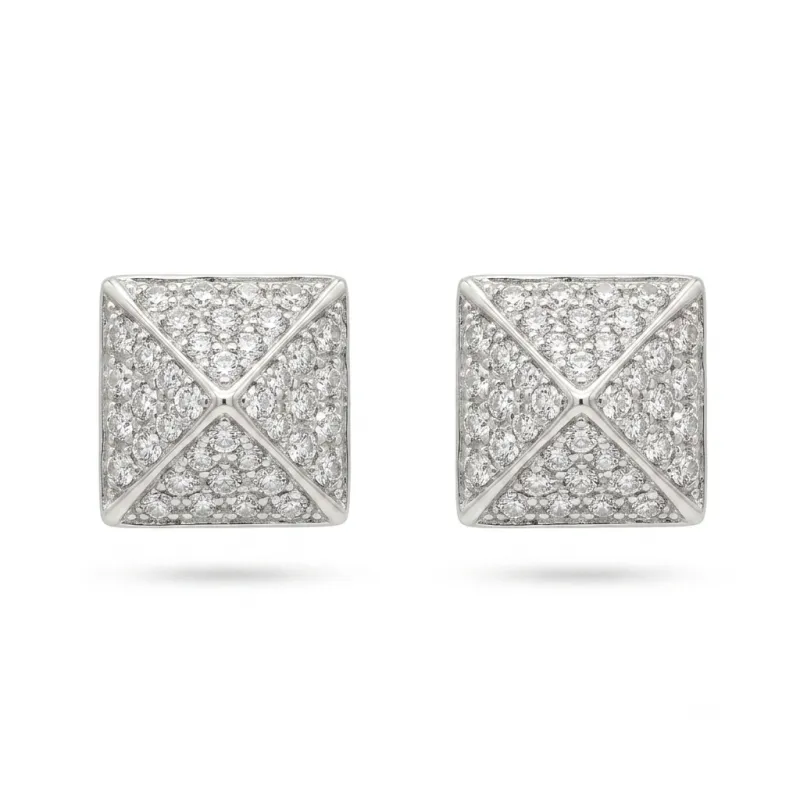 14K White Gold Diamond Pyramid Square Studs 