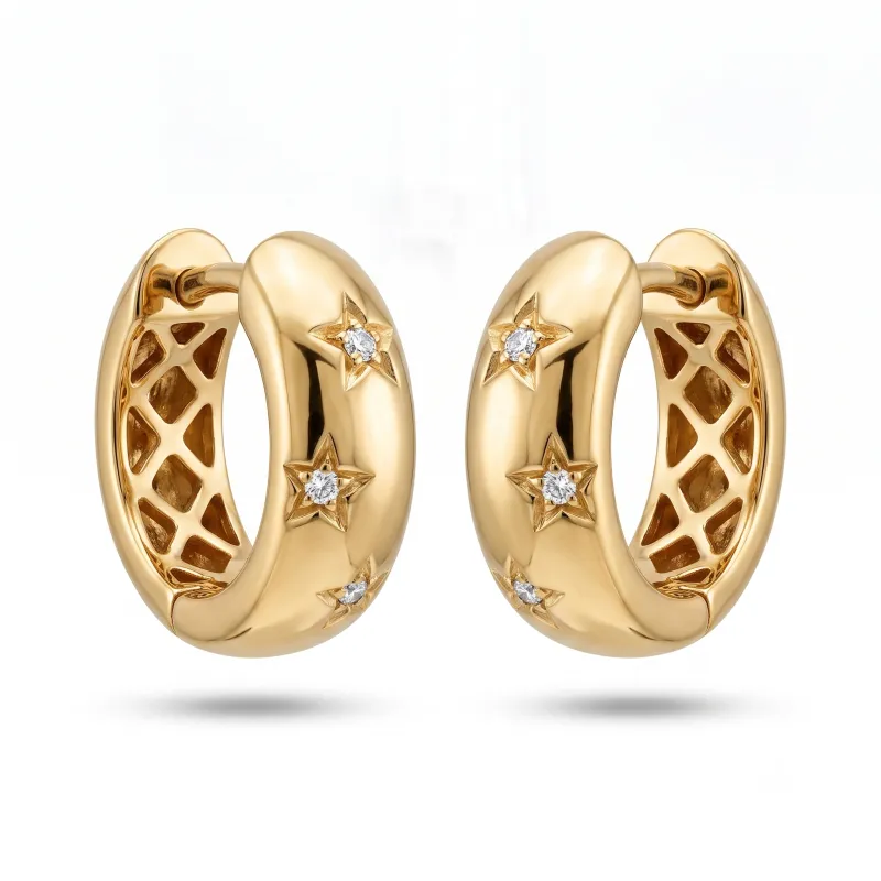 14K Yellow Gold  Diamond  Star Huggies