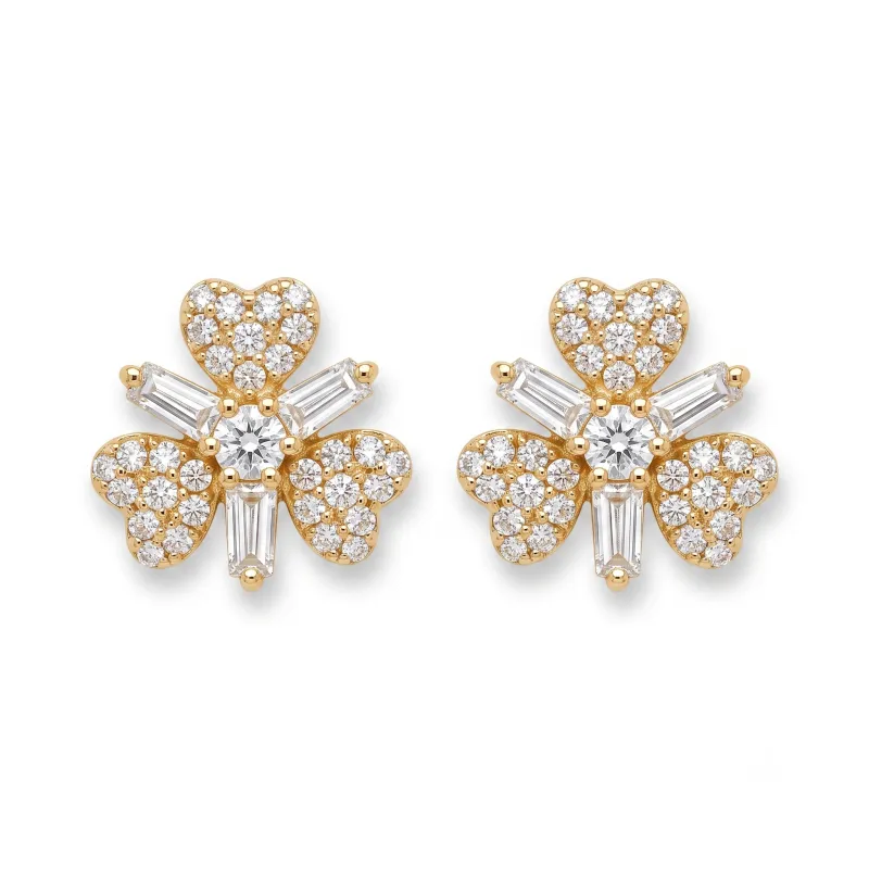 14K Yellow Gold Diamond Heart Flower Studs with baguette Diamonds