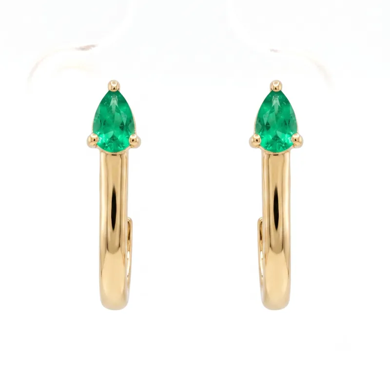 14K Gold  Earring with tear drop shaped Emerald 