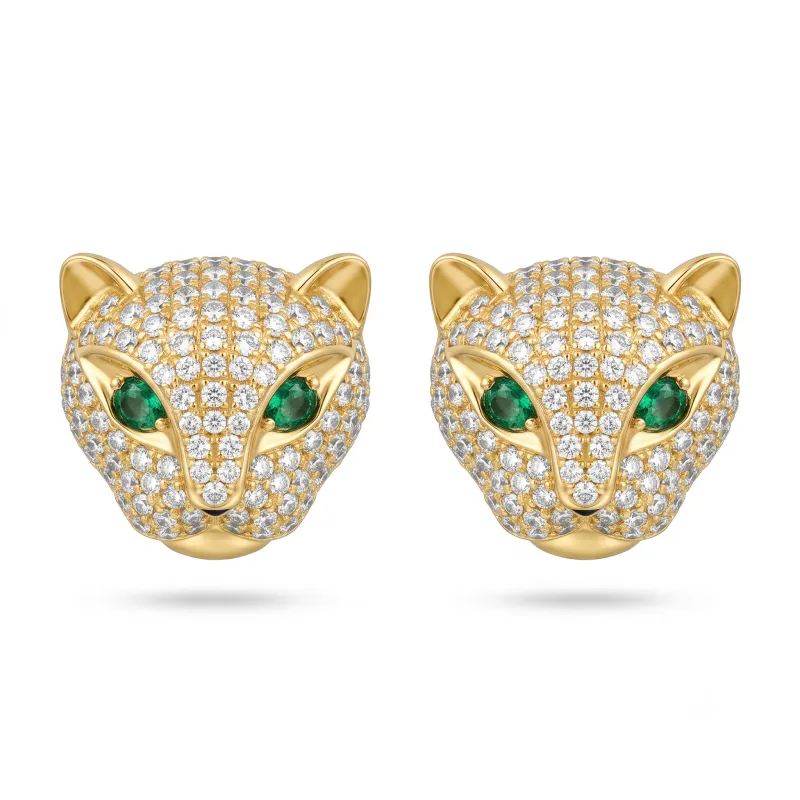14K Yellow Gold Leopard Studs with emerald eyes