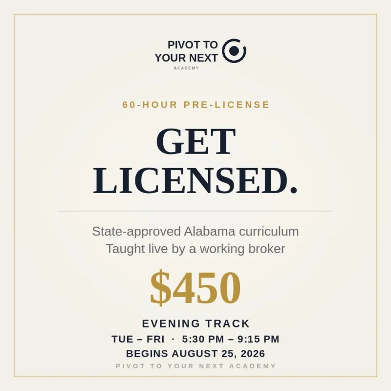 60-Hour Pre-License — EVENING (Aug 24) — $450 Tu–Fri, 5:30 PM – 9:15 PM