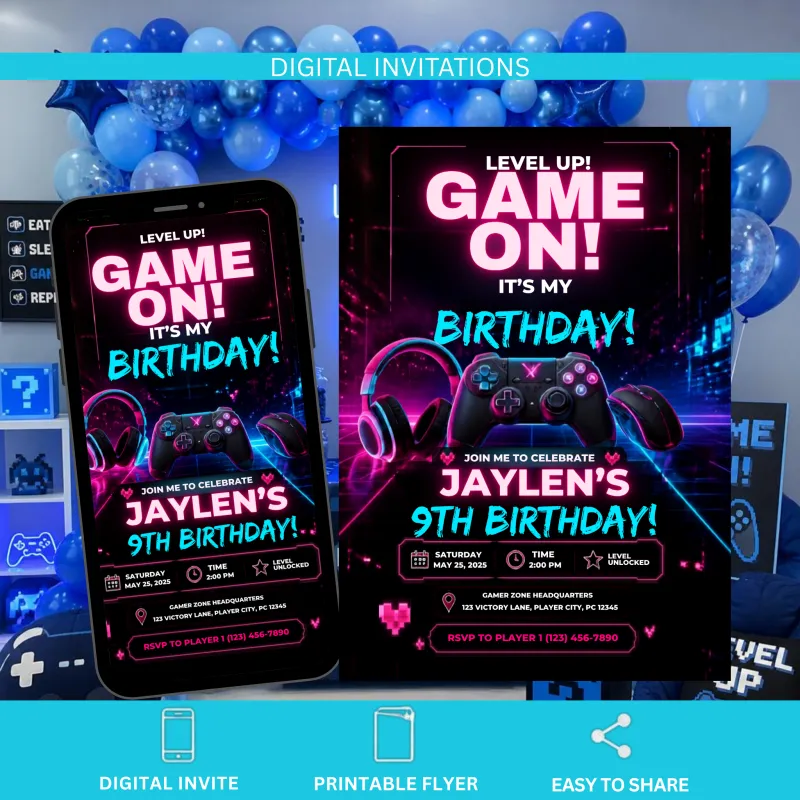  Kids Game On- Birthday  Invitation 