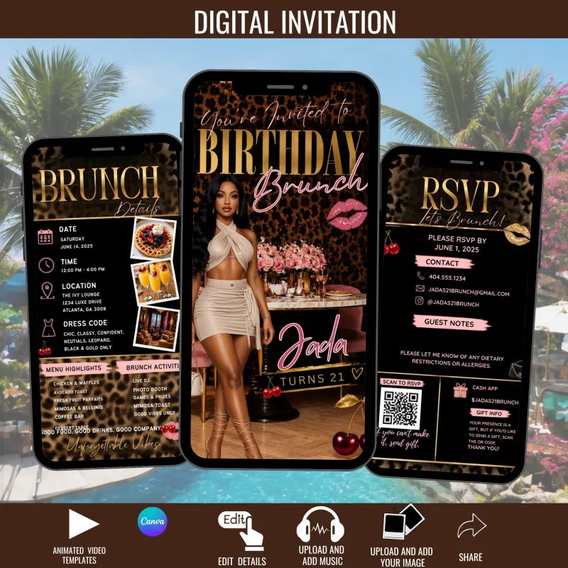  BRUNCH BIRTHDAY DINNER/PARTY INVITE CHEETAH  PRINT TEMPLATE