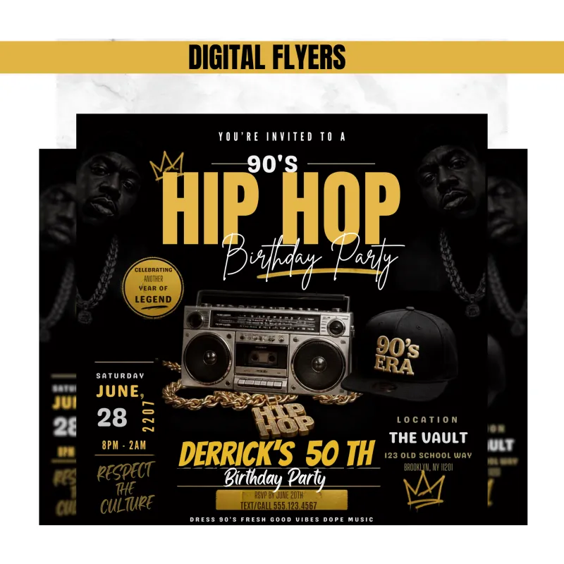  90s Hip Hop Party Invitation Flyer,  Details & RSVP |Digital  Invitation, Editable Template