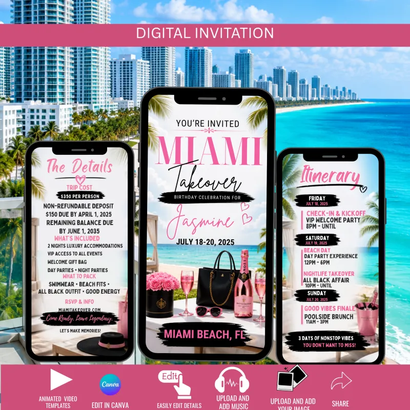  Miami Birthday Trip Invitation | Girls Getaway Itinerary (Digital)  