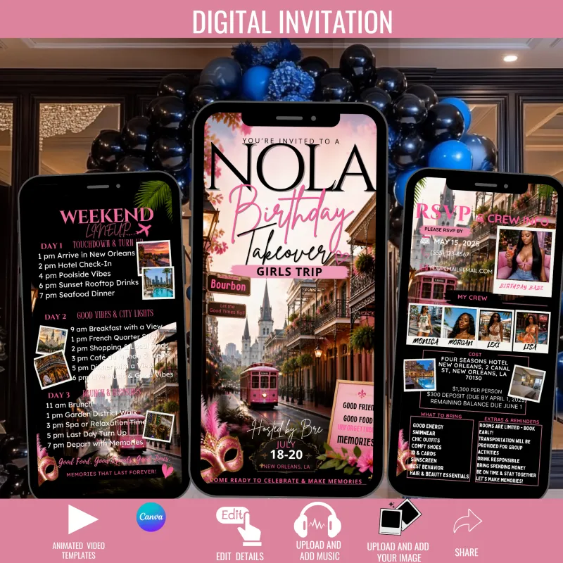  NEW ORLEANS Trip Digital Video Invitation Itinerary Template-Instant Download