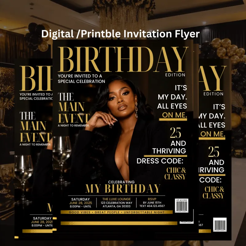 BLACK AND GOLD MAGAZINE COVER BIRTHDAY DINNER/PARTY INVITE TEMPLATE