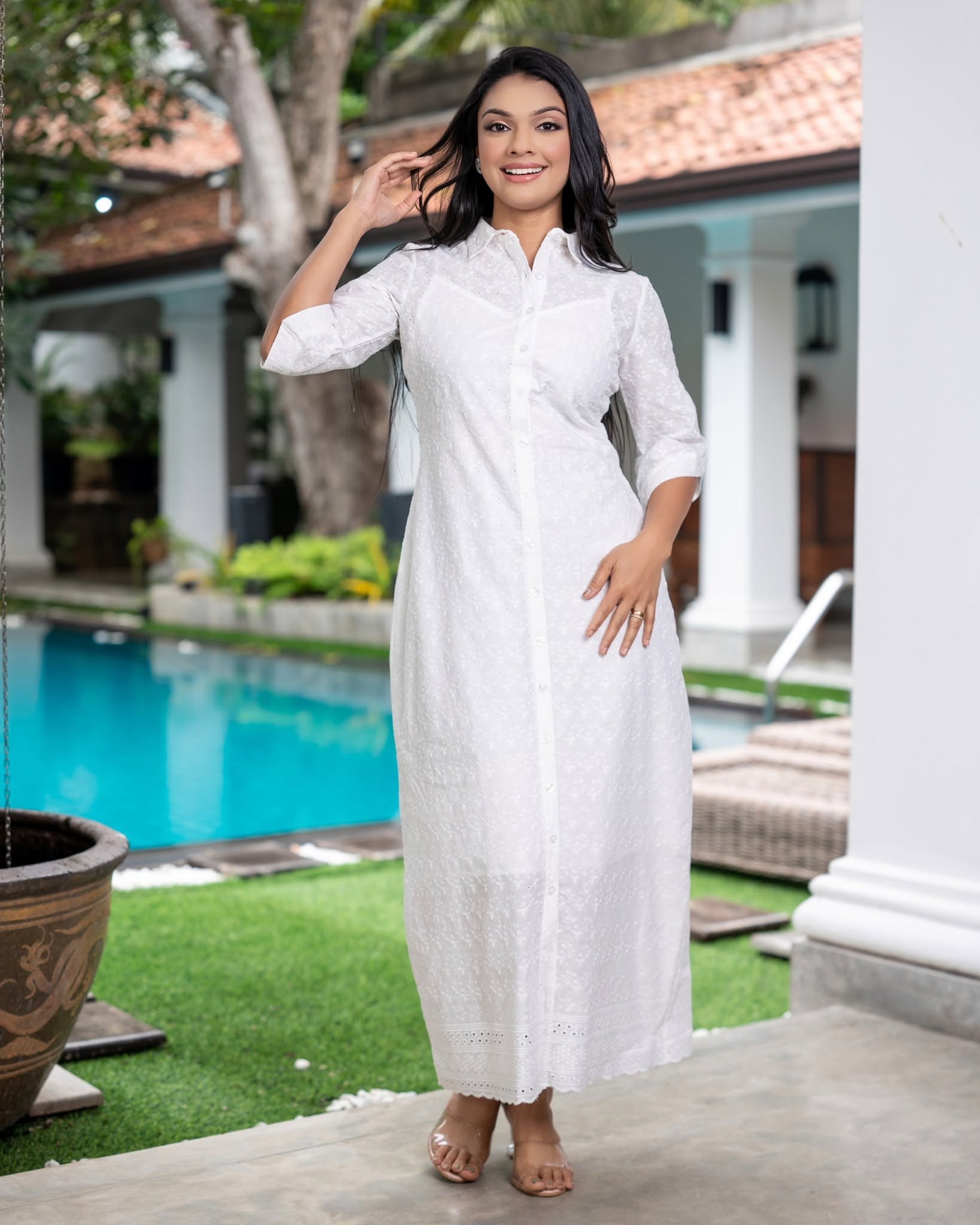  Button-Front Point-Collar Maxi Shirt Dress