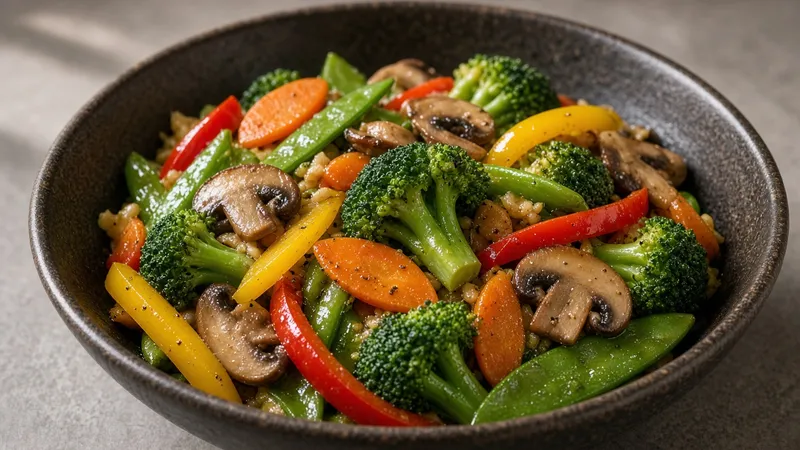 Asian veggie stir-fry with broccoli, peppers and mushrooms