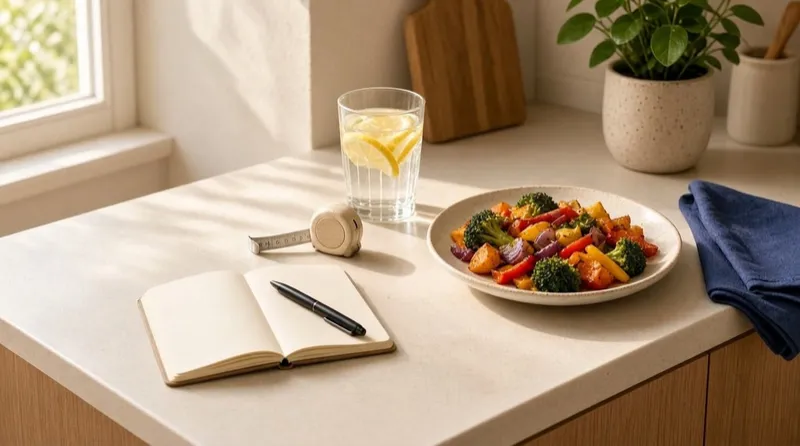 A kitchen counter with lemon water, a notebook, a tape measure and a plate of cooked vegetables