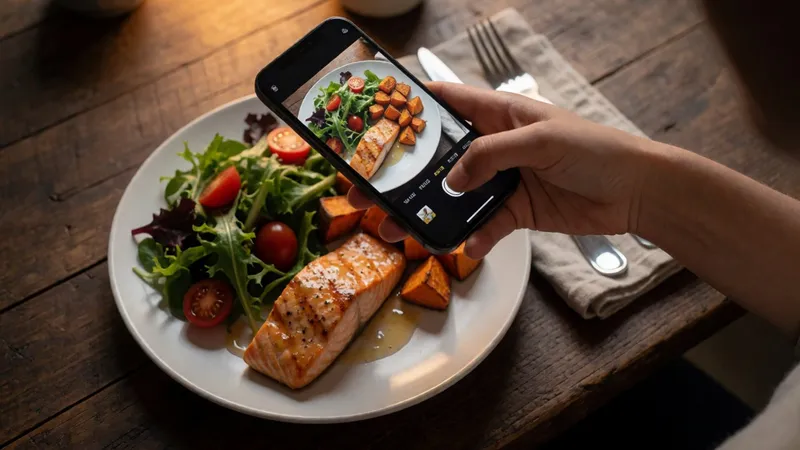 A hand holding a phone to photograph a plate of salmon, salad and sweet potato