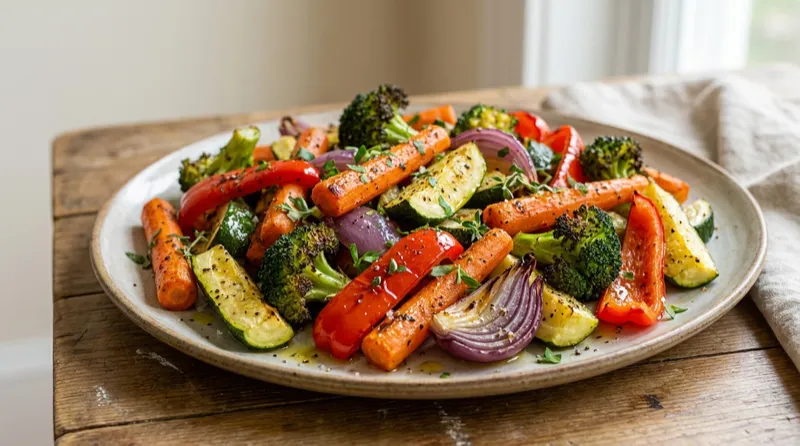 Roasted vegetables on a plate: carrots, zucchini, peppers, broccoli and red onion