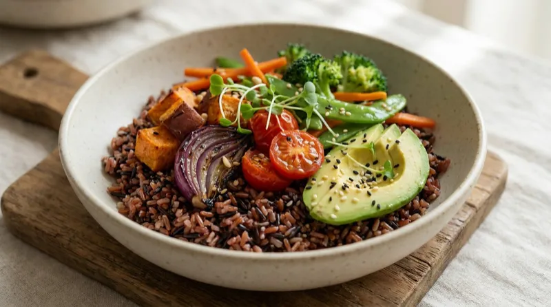Black rice bowl with sweet potato, avocado, tomato and roasted onion