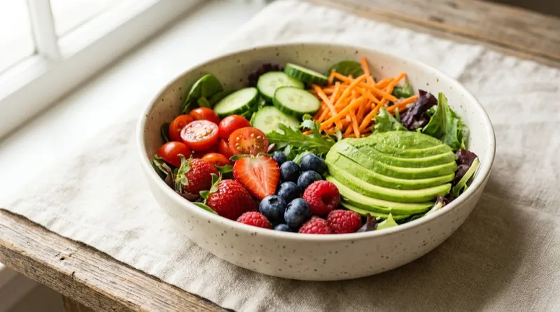 Salad bowl with berries, cucumber, carrot and avocado