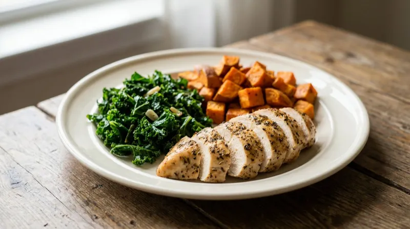 Sliced chicken with kale and roasted sweet potato