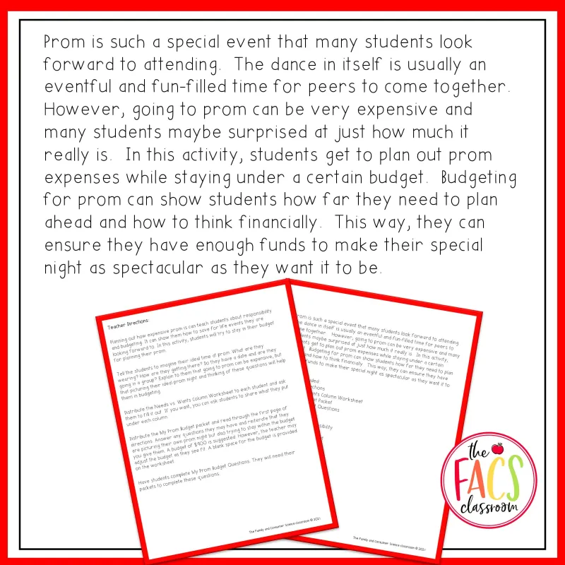 Life Skills Budgeting Worksheets for Prom Shopping | Financial Literacy | FCS
