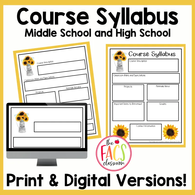 Back to School Editable Syllabus Templates Sunflower Theme Middle & High School