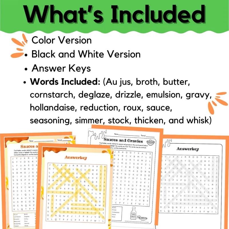 Sauces and Gravies Word Search | Food and Nutrition | FCS