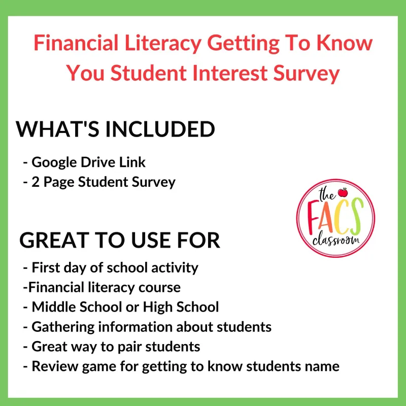 Back to School Financial Literacy Interest Survey Print and Digital | FCS