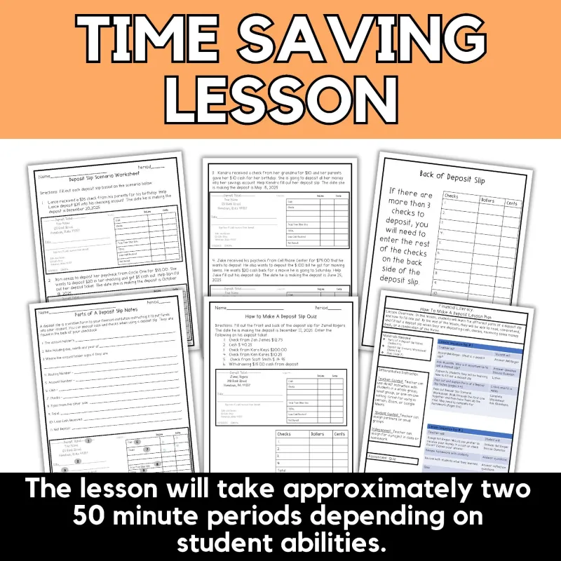 Financial Literacy High School Personal Finance Banking Deposit Slip Worksheets