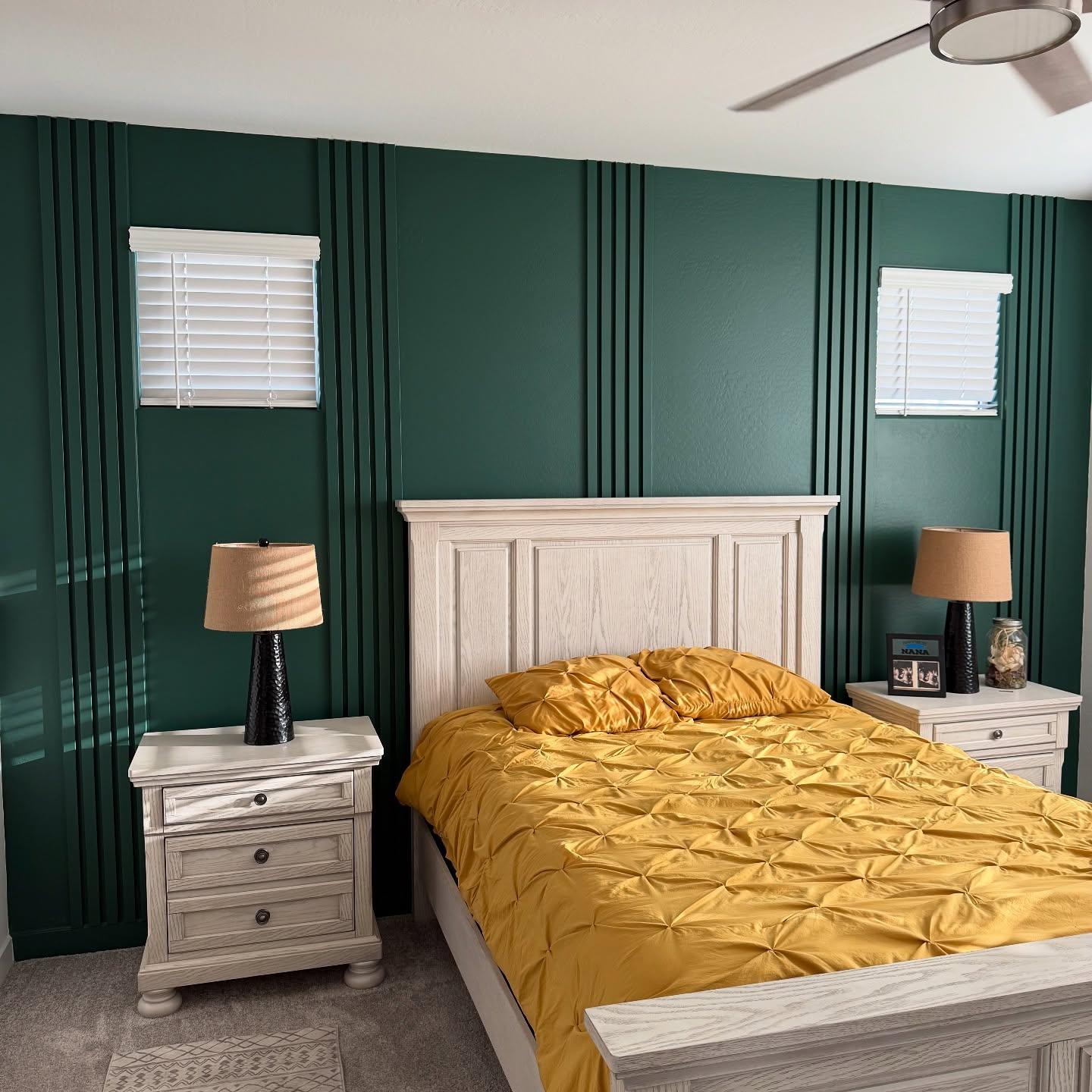 Dark green bedroom accent wall with trim Tempe AZ