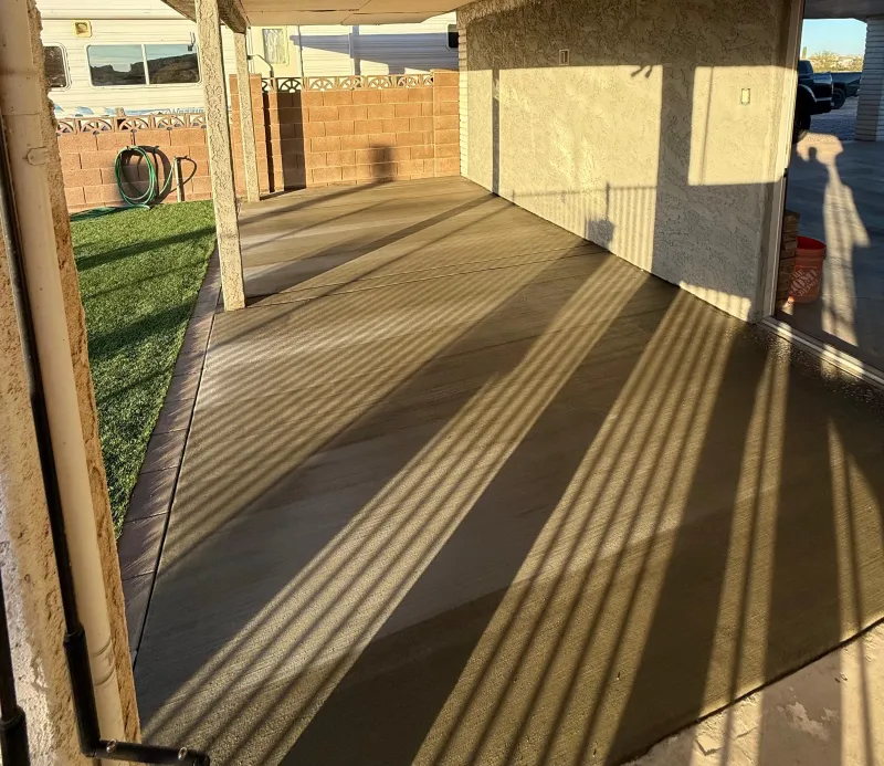 Freshly finished covered concrete patio — concrete resurfacing Phoenix AZ