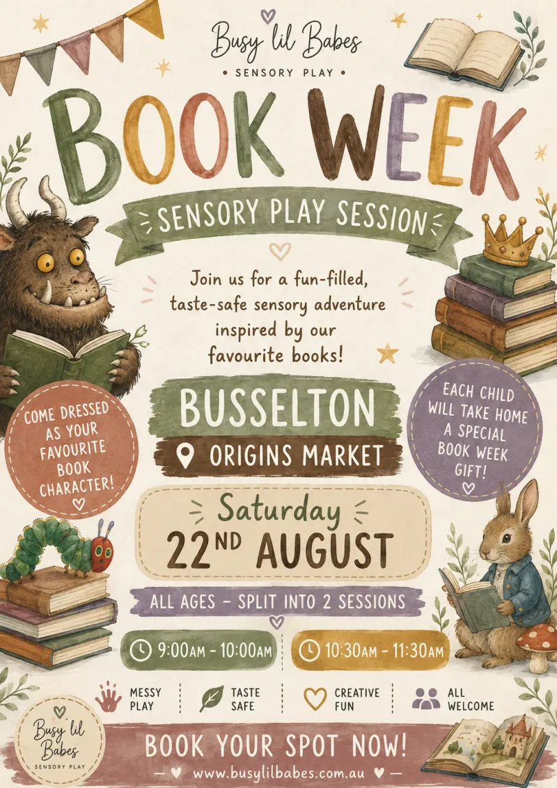 BUSSELTON ORIGINS MARKET book week Messy sensory play August 22nd 